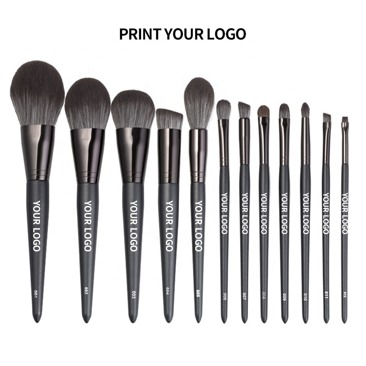 High Quality 12pcs Wholesale Synthetic Fiber Hair Private Label Professional Vegan Luxury Black Custom Logo Makeup Brushes Set