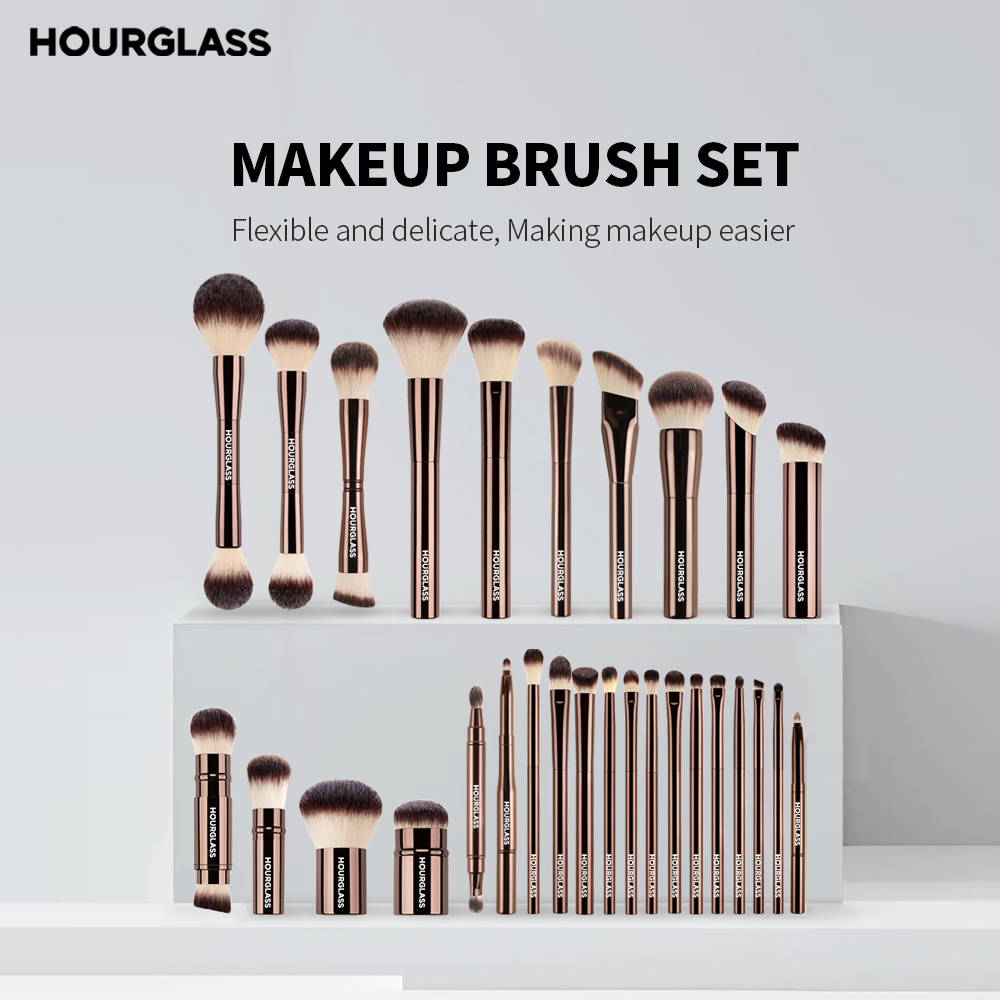 Custom HG 19-Piece Vegan Luxury Makeup Brush Set Professional Hourglass Brushes Aluminium Handle Ferrule Cruelty-Free Eye Use
