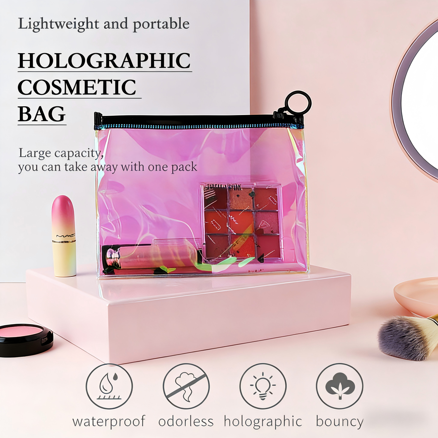 Custom Mini Small pink Pvc Holographic Plastic Zipper Bag with logo Print for Cosmetics Makeup Brushes Packaging Pouch