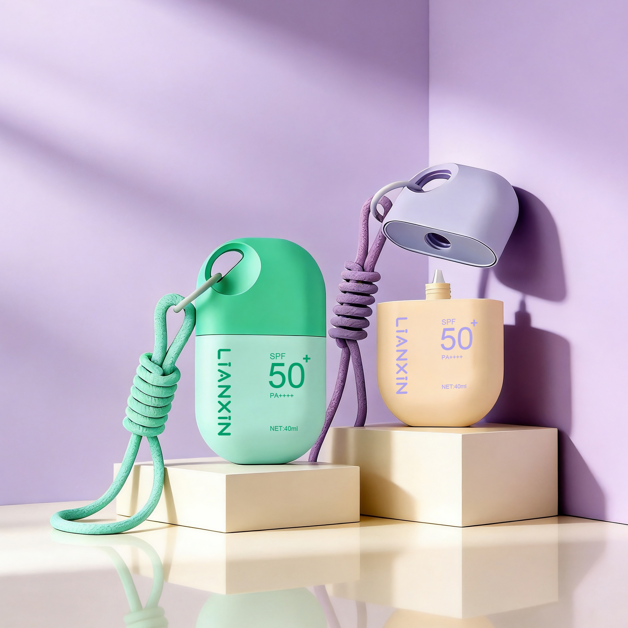 Custom Logo Oval Pink Gradient Hanging Rope Sunscreen Cream Bottle 40ml Portable Plastic Lotion Bottle For Cosmetic Packaging