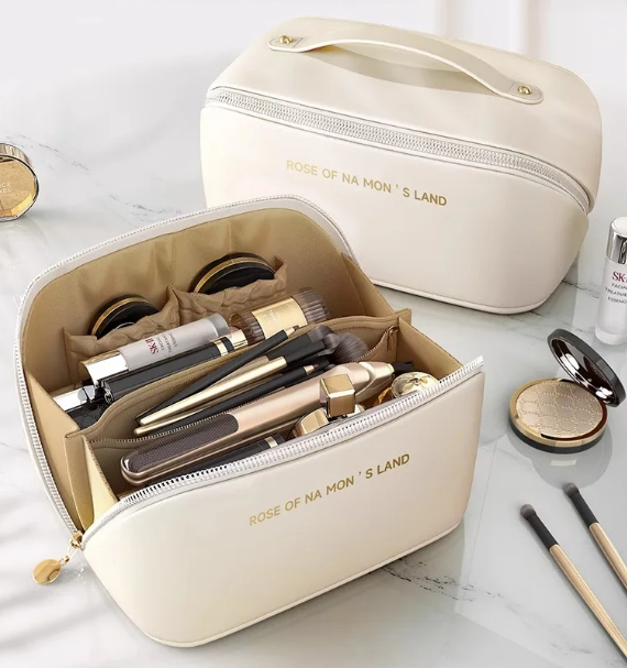 Portable Eco-Friendly PU Women's Large Capacity Cosmetic Bag Soft Handle Water Resistant Zipper Reusable Candy Toiletries