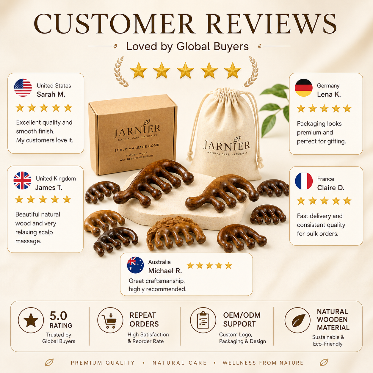 Jarnier Wholesale Costom Sale Scalp Massager Products Comb Wide Tooth Wood Hair Growth Sandalwood Comb Gift Massage Comb