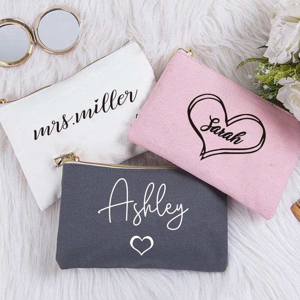 Customized Zipper Makeup Bag Eco-Friendly Cotton Canvas Accessory Pouch Double Sided Cosmetic Bag