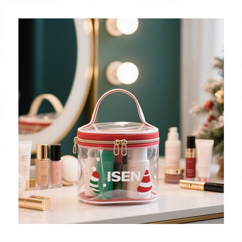 Eco Friendly Transparent TPU Zipper Large Makeup Bag Santa Hat Custom Logo Printing Reusable Sustainable Cosmetic Pouch for
