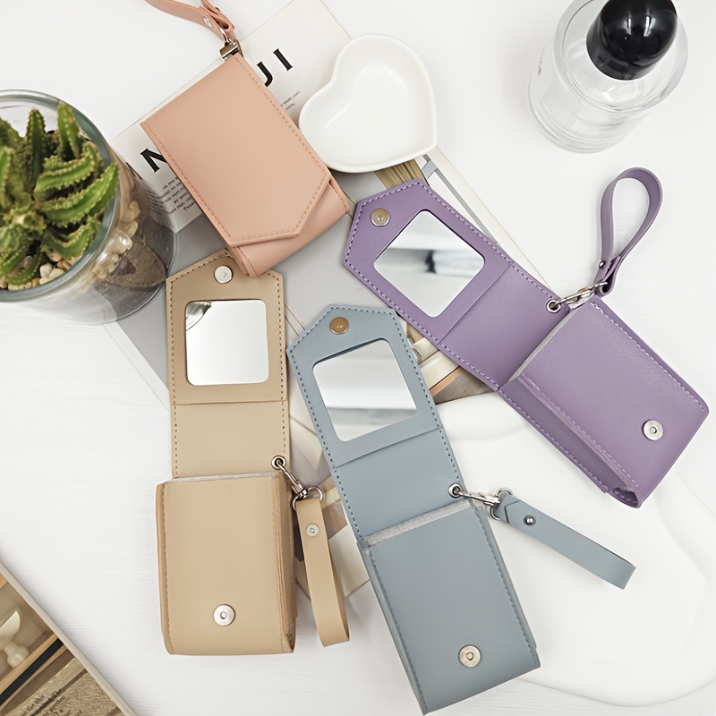 Korean Portable Magnetic Closure PU Leather Lipstick Organizer Bag Wristlet Keychain Compact Lip Gloss Pouch Mirror Chains
