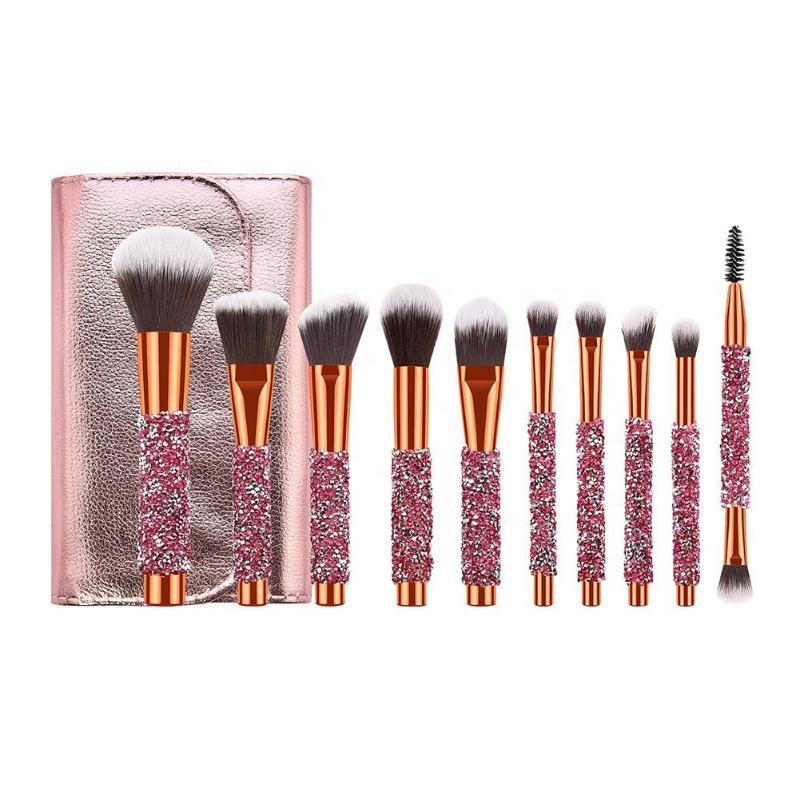 Custom Logo Professional 10pcs Shinny Diamonds Handle Personalized Makeup Brushes Set with Bag
