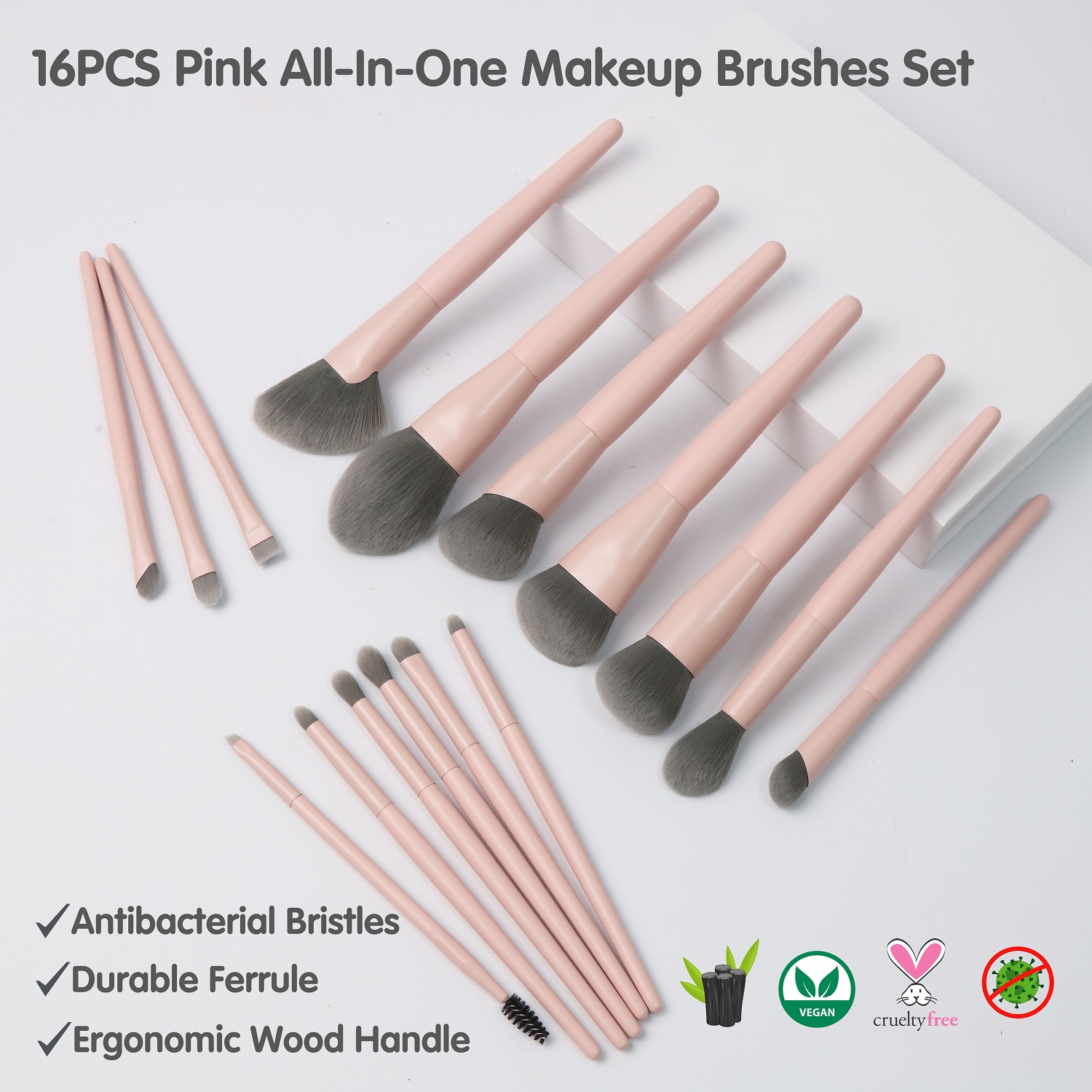 EMF Professional Pink Makeup Brush Set 16pcs Soft Vegan Charcoal Bristles Foundation Custom logo Makeup Brushes High Quality