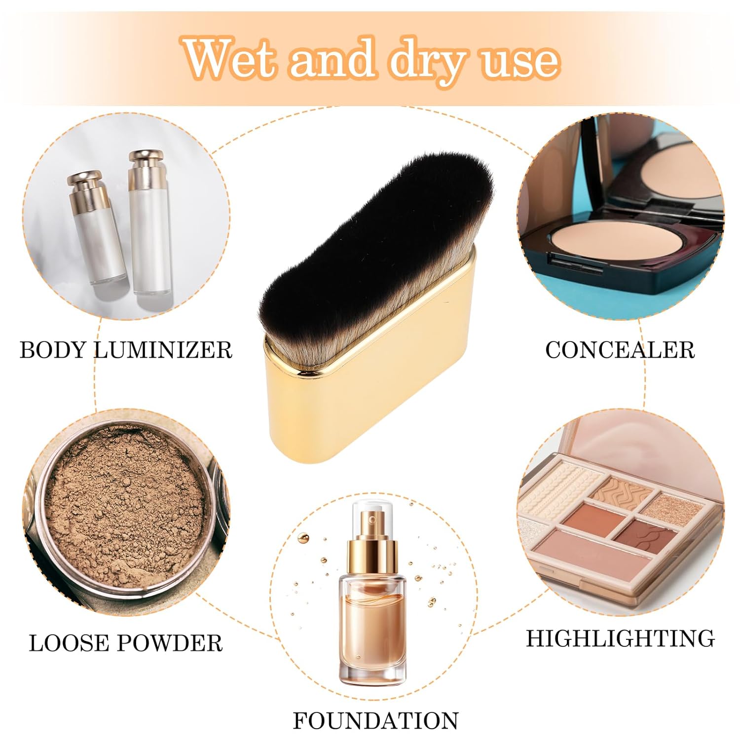 Man-Made Fiber Synthetic Abs Gold Color Body Giant Flat Curved Wave Square Textured Liquid Foundation Applying Blender Brush