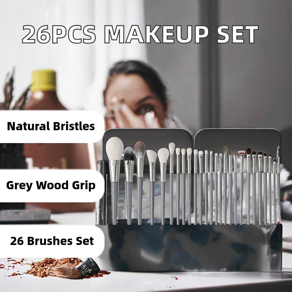 Factory Custom Natural Hair Grey Wood Handle Makeup Brushes for Face Eyeliner Eyebrow Pencil &amp; Concealer 26Pcs