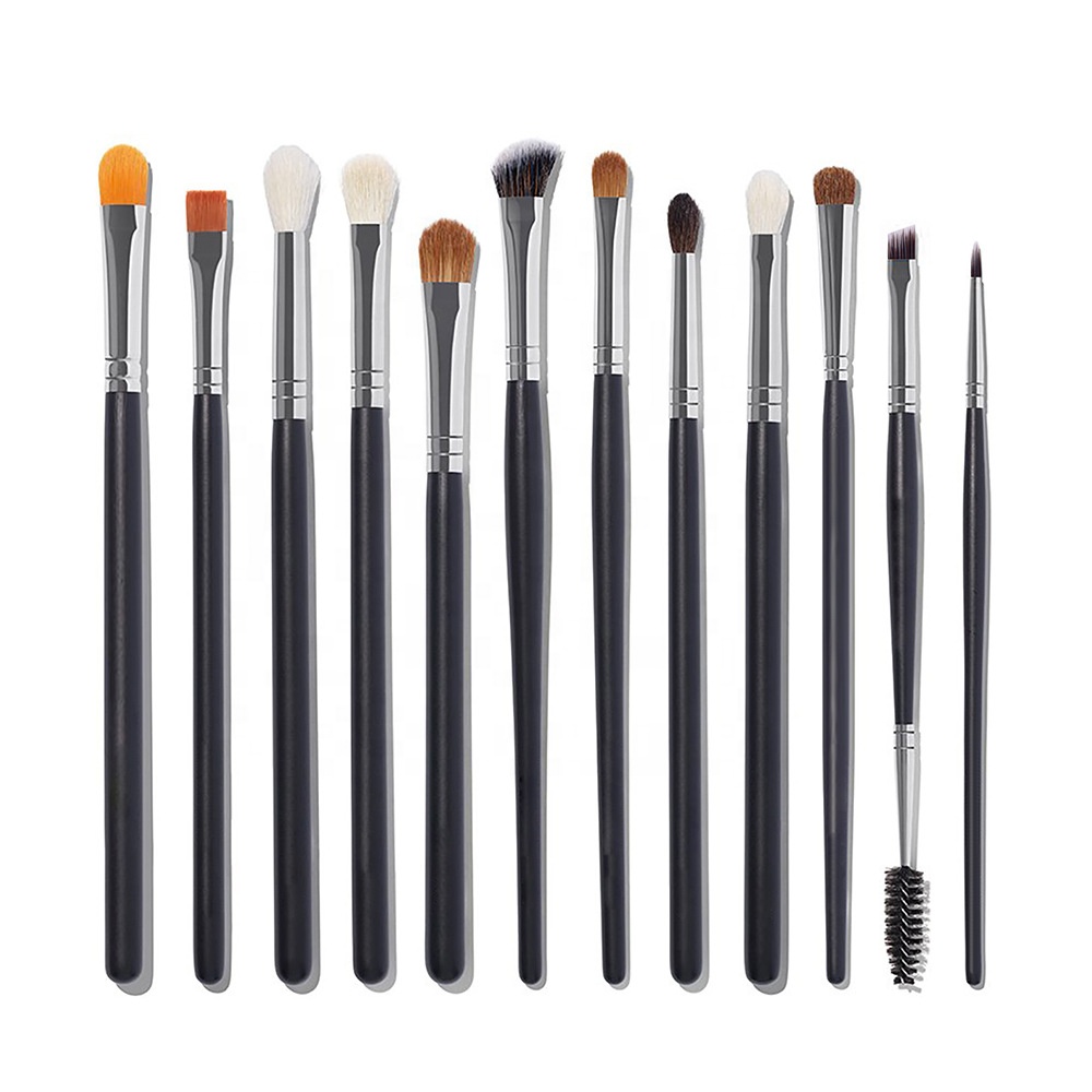 Low MOQ Black Eye Makeup Brushes Set With Natural Hair Private Label 12 Pcs