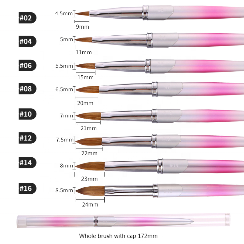 Professional Different Size Pink Metal Nails Acrylic Brush #16 Factory Manufacture Kolinsky Sable Acrylic Nail Brush