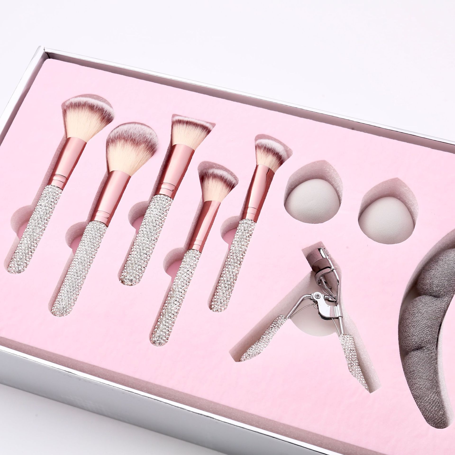 Luxury Package Super Professional Glam Makeup Tool Collections Rhinestone Shiny Makeup Brush Sponge Lash Curler Headband Custom