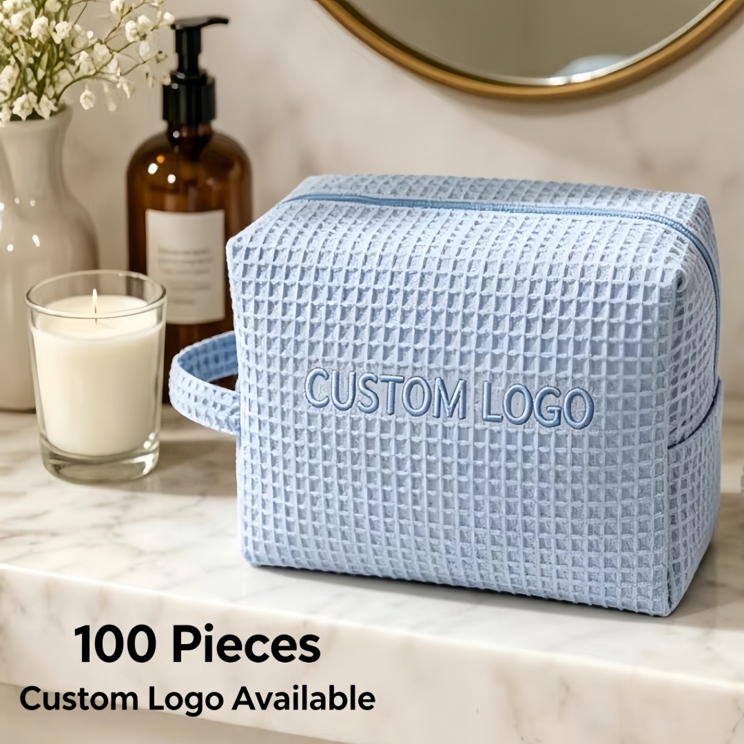 Low MOQ Custom Logo Soft Waffle Makeup Bag Wrist Handle Large Luxury Travel Cotton Toiletry Bag Casual Cosmetic Pouch Wholesale