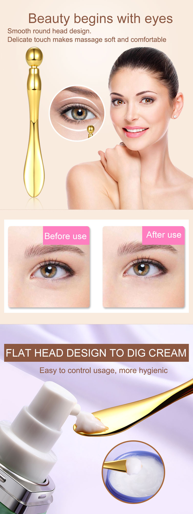 Hot Sale Luxury Gold Metal Multi-Function Eye Cream Spatula Premium Cosmetic Applicator Beauty Tool Massager Stick Roller Makeup