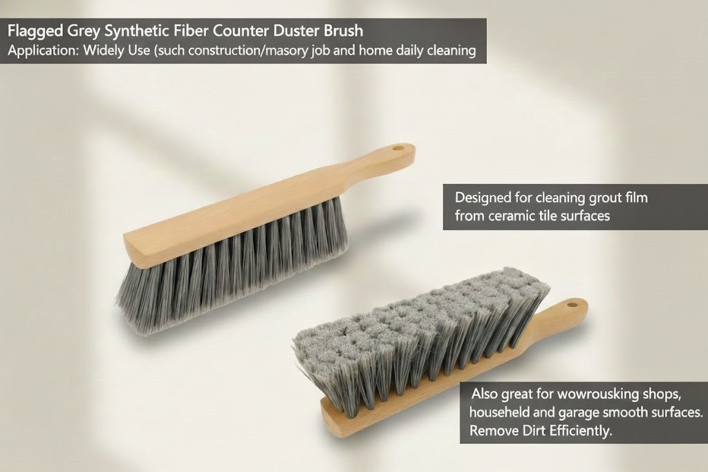 Factory Supply Custom Logo Flagged Grey Synthetic Fiber Counter Duster Brush for Cleaning fine particles, dust and dirt
