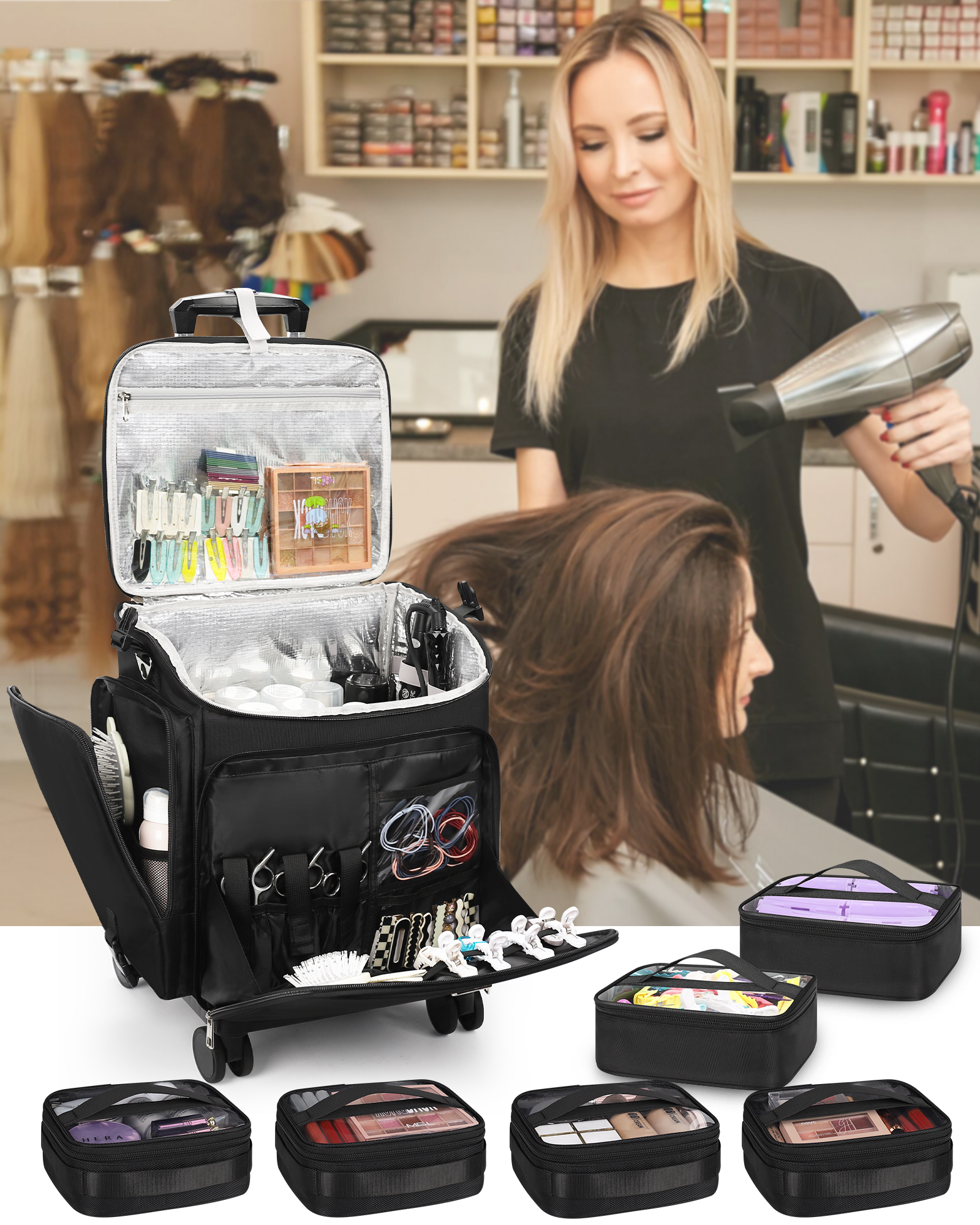 Relavel Professional Makeup Case 360 Spinner Wheels 4 Clear Bags Zipper Closure Large Capacity Fashion Nylon Portable