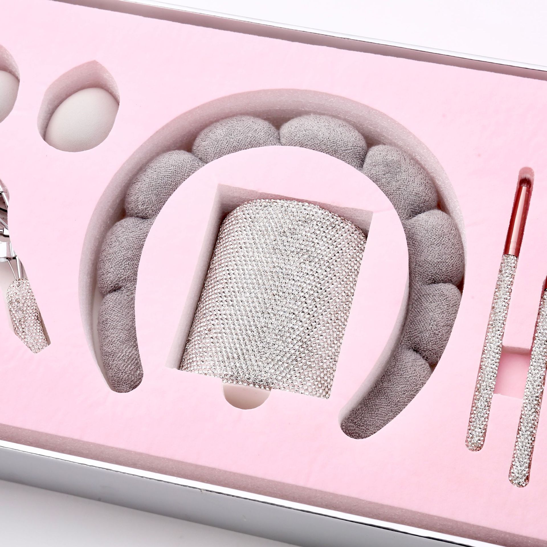 Luxury Package Super Professional Glam Makeup Tool Collections Rhinestone Shiny Makeup Brush Sponge Lash Curler Headband Custom