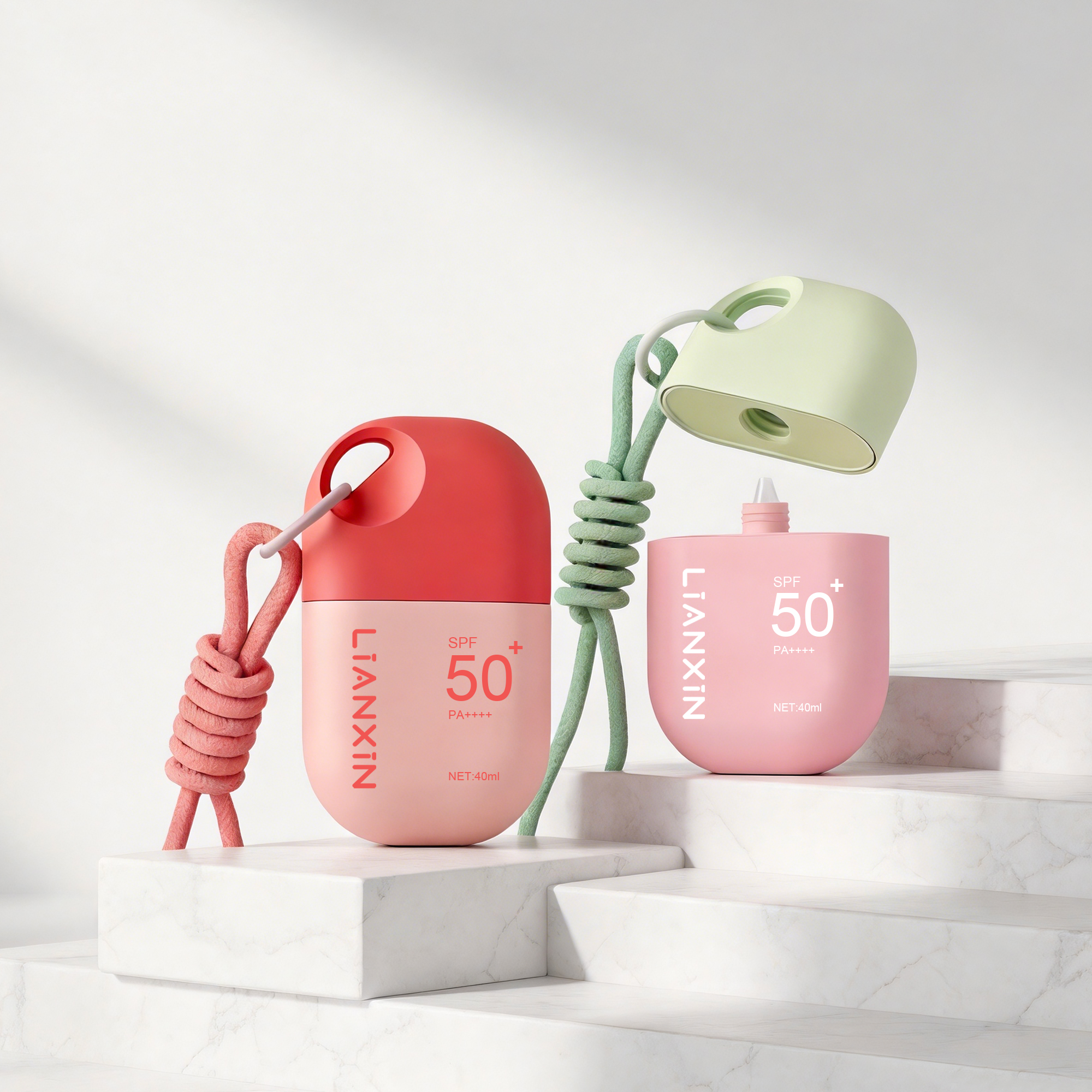Custom Logo Oval Pink Gradient Hanging Rope Sunscreen Cream Bottle 40ml Portable Plastic Lotion Bottle For Cosmetic Packaging
