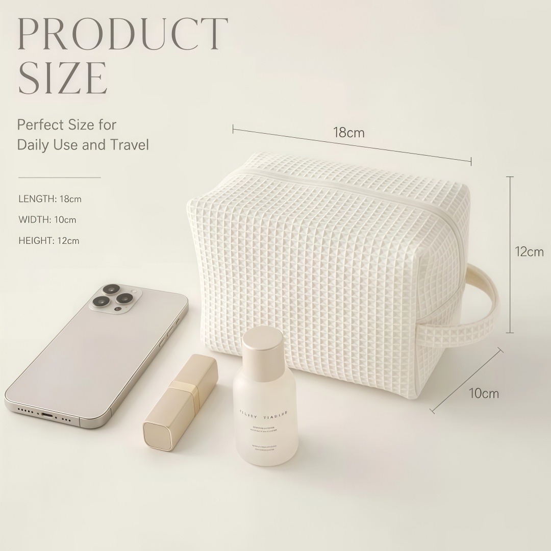 Low MOQ Custom Logo Soft Waffle Makeup Bag Wrist Handle Large Luxury Travel Cotton Toiletry Bag Casual Cosmetic Pouch Wholesale