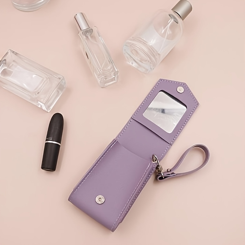 Korean Portable Magnetic Closure PU Leather Lipstick Organizer Bag Wristlet Keychain Compact Lip Gloss Pouch Mirror Chains