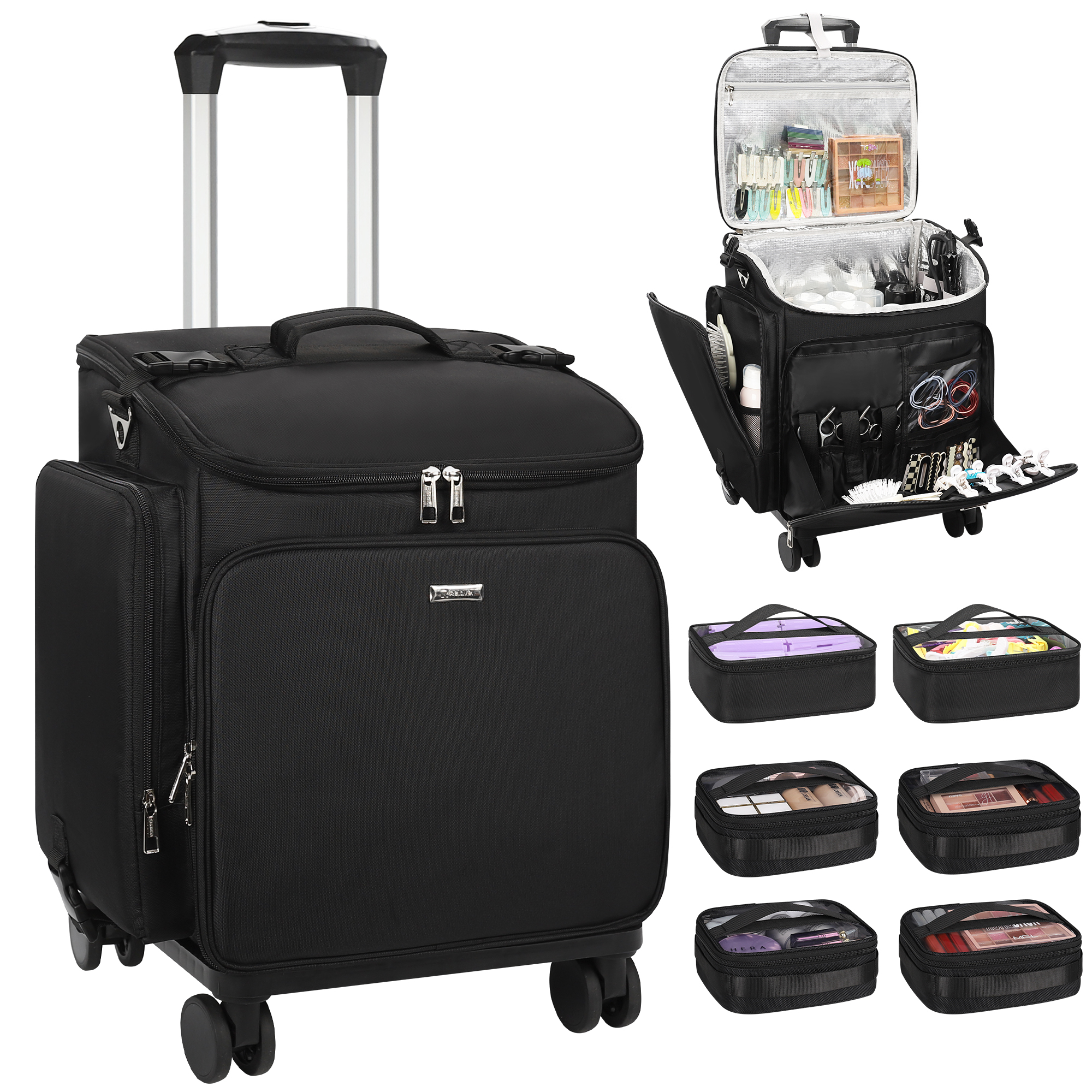 Relavel Professional Makeup Case 360 Spinner Wheels 4 Clear Bags Zipper Closure Large Capacity Fashion Nylon Portable