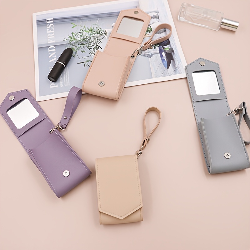 Korean Portable Magnetic Closure PU Leather Lipstick Organizer Bag Wristlet Keychain Compact Lip Gloss Pouch Mirror Chains