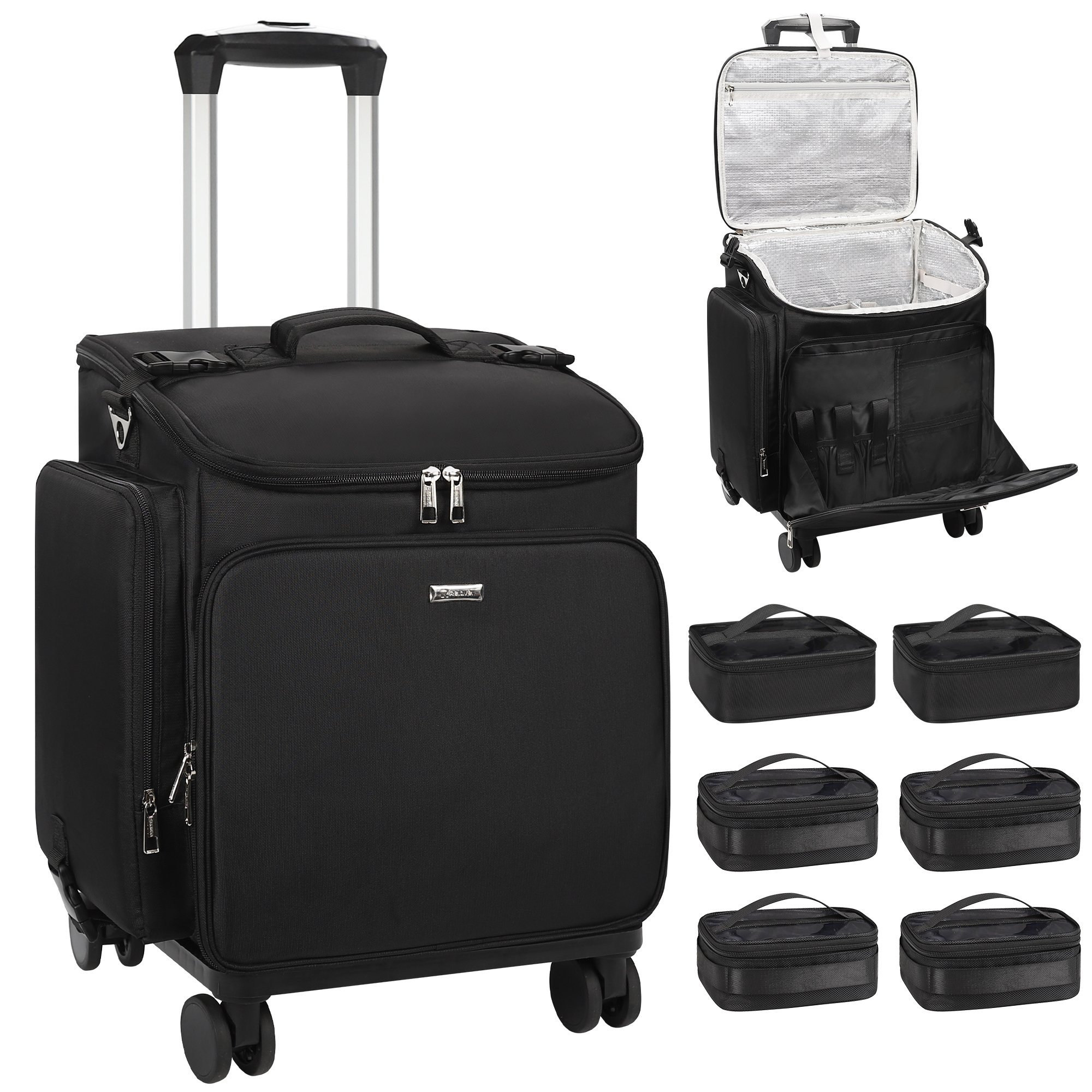 Relavel Professional Makeup Case 360 Spinner Wheels 4 Clear Bags Zipper Closure Large Capacity Fashion Nylon Portable