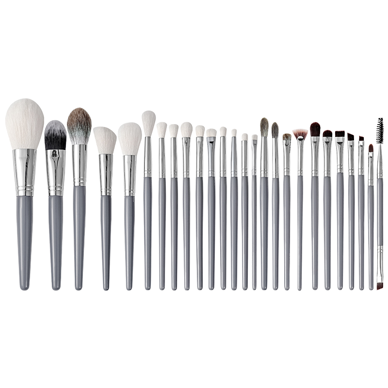 Factory Custom Natural Hair Grey Wood Handle Makeup Brushes for Face Eyeliner Eyebrow Pencil &amp; Concealer 26Pcs