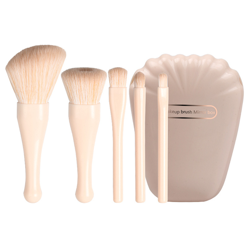 Wholesale 5-Piece Face Makeup Brush Sets with Concealer and Mirror Portable Private Label Vegan Synthetic Hair Brushes