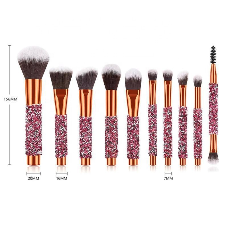 Custom Logo Professional 10pcs Shinny Diamonds Handle Personalized Makeup Brushes Set with Bag