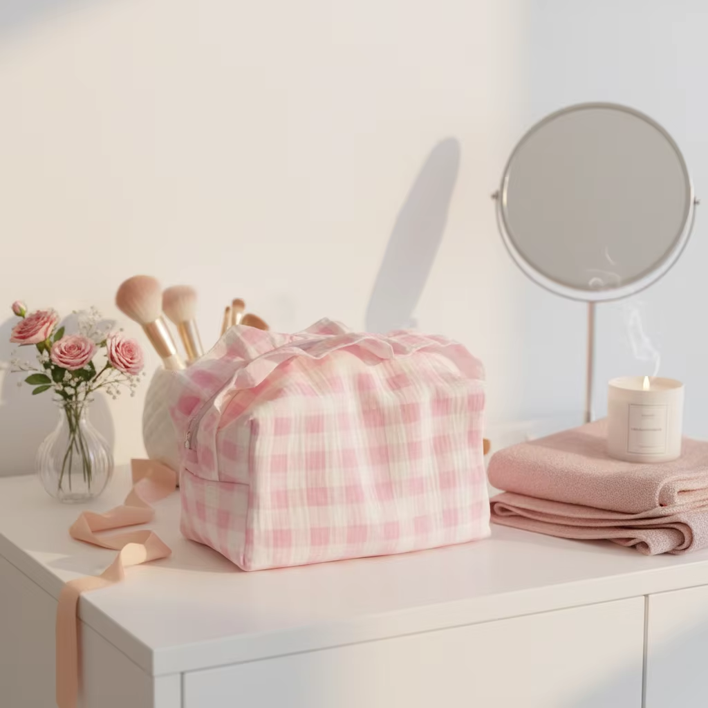 Wholesale Fashion Custom Polyester Travel Gingham Makeup Case Ruffle Zipper Cosmetic Bag