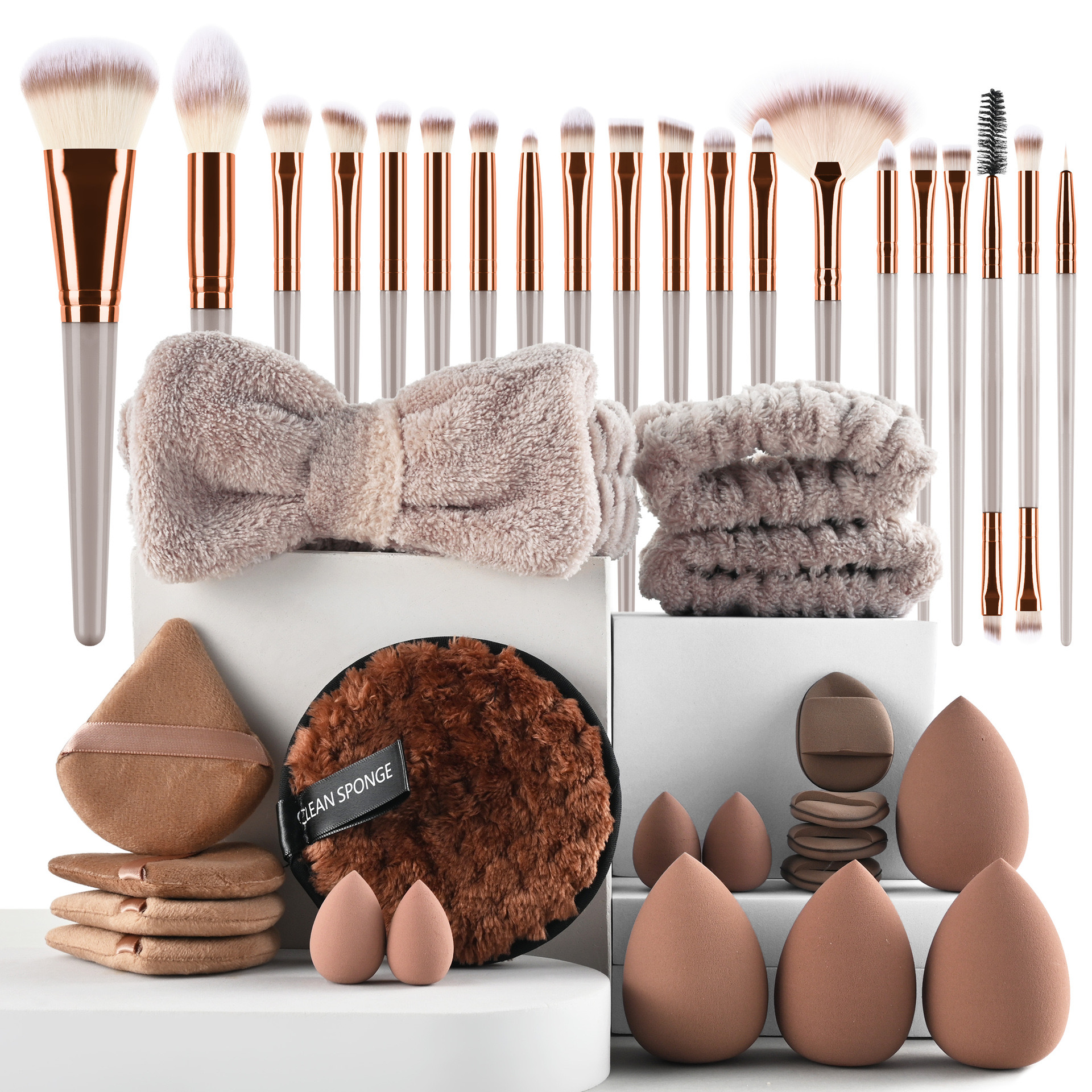 OEM Private Label Face Makeup Sponge Headband Nylon Puff Brushes Latex Free Colorful 40-Piece Set for Foundation Application