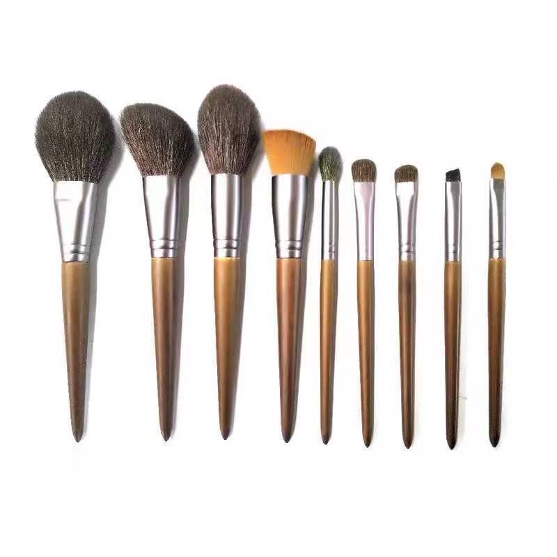 Factory New Natural Hair 9-Piece Makeup Brush Set with Wood Handle for Eye Shadow Blush Repair-Beginners Beauty Tools