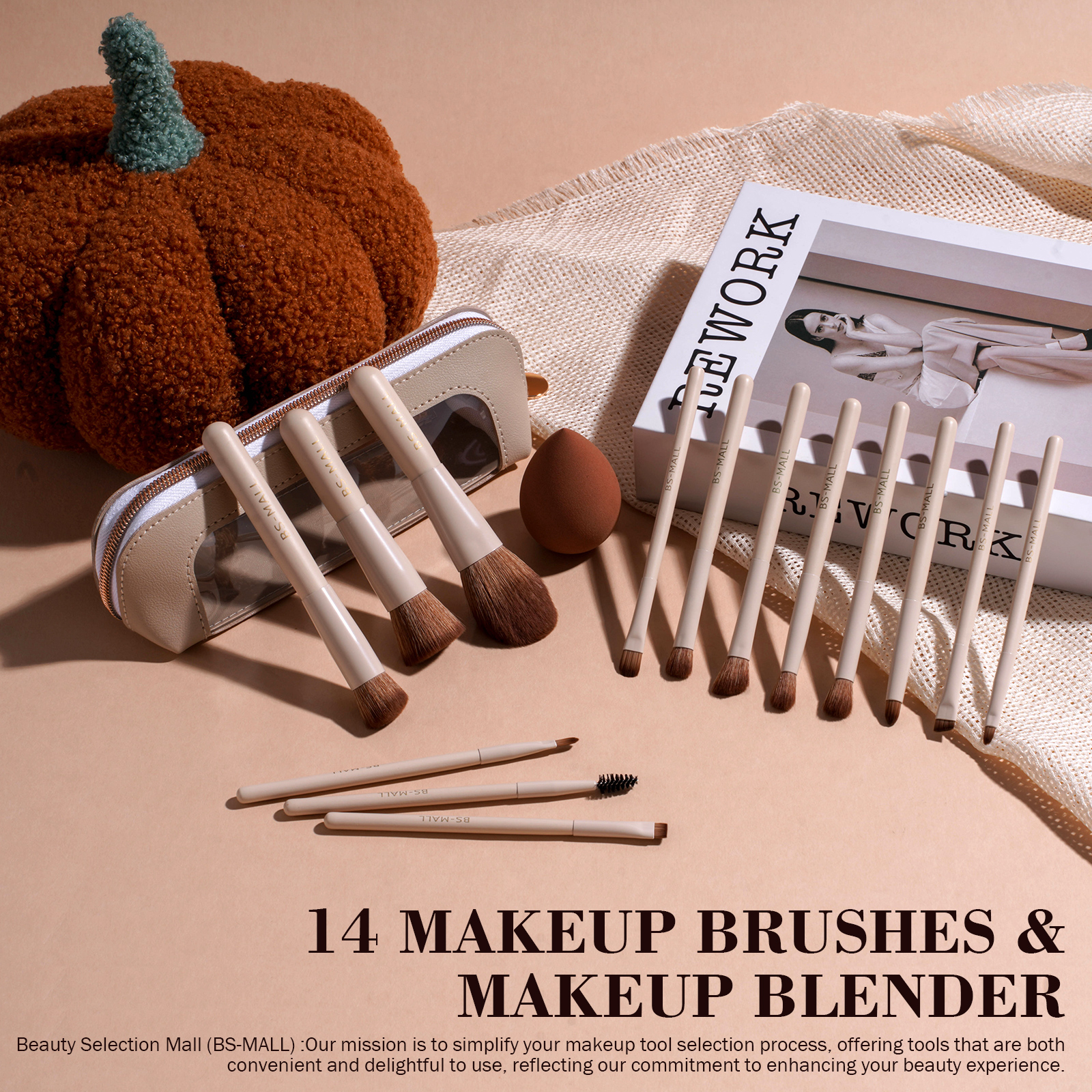 BS-MALL Travel Kit Makeup Brushes Set 14PCS Custom Logo Small Size Professional Face Make up Brushes Foundation Sponge with Bag