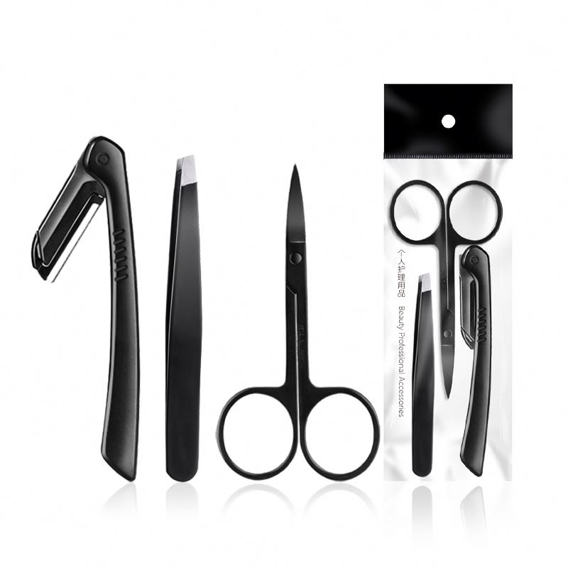 Beauty Low MOQ 3 Piece Black Eyebrow Tweezers with Slanted Tip for Personal Eyebrow Hair Grooming Private Label Available