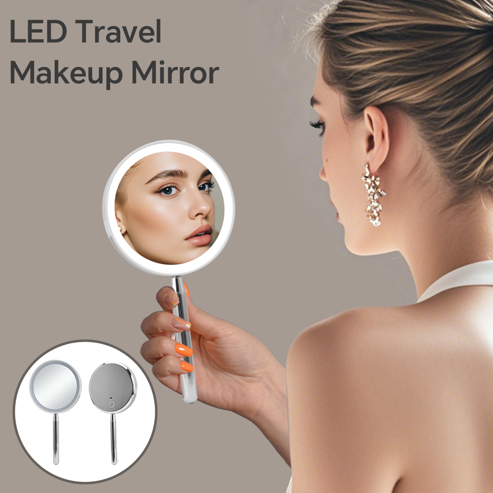 Travel Makeup Mirror Portable 3x LED Lights Metal Single Sides Handheld Compact Pocket Mirror