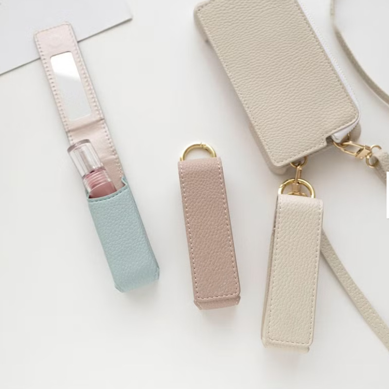 PU Leather Lipstick Case With Built-in Makeup Mirror, Portable Keychain Lip Gloss Holder For On-the-Go Touch Up,Makeup Accessory