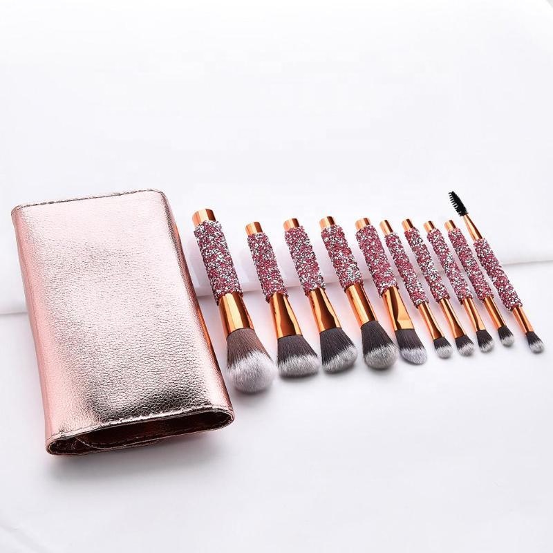 Custom Logo Professional 10pcs Shinny Diamonds Handle Personalized Makeup Brushes Set with Bag