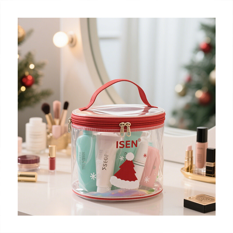 Eco Friendly Transparent TPU Zipper Large Makeup Bag Santa Hat Custom Logo Printing Reusable Sustainable Cosmetic Pouch for