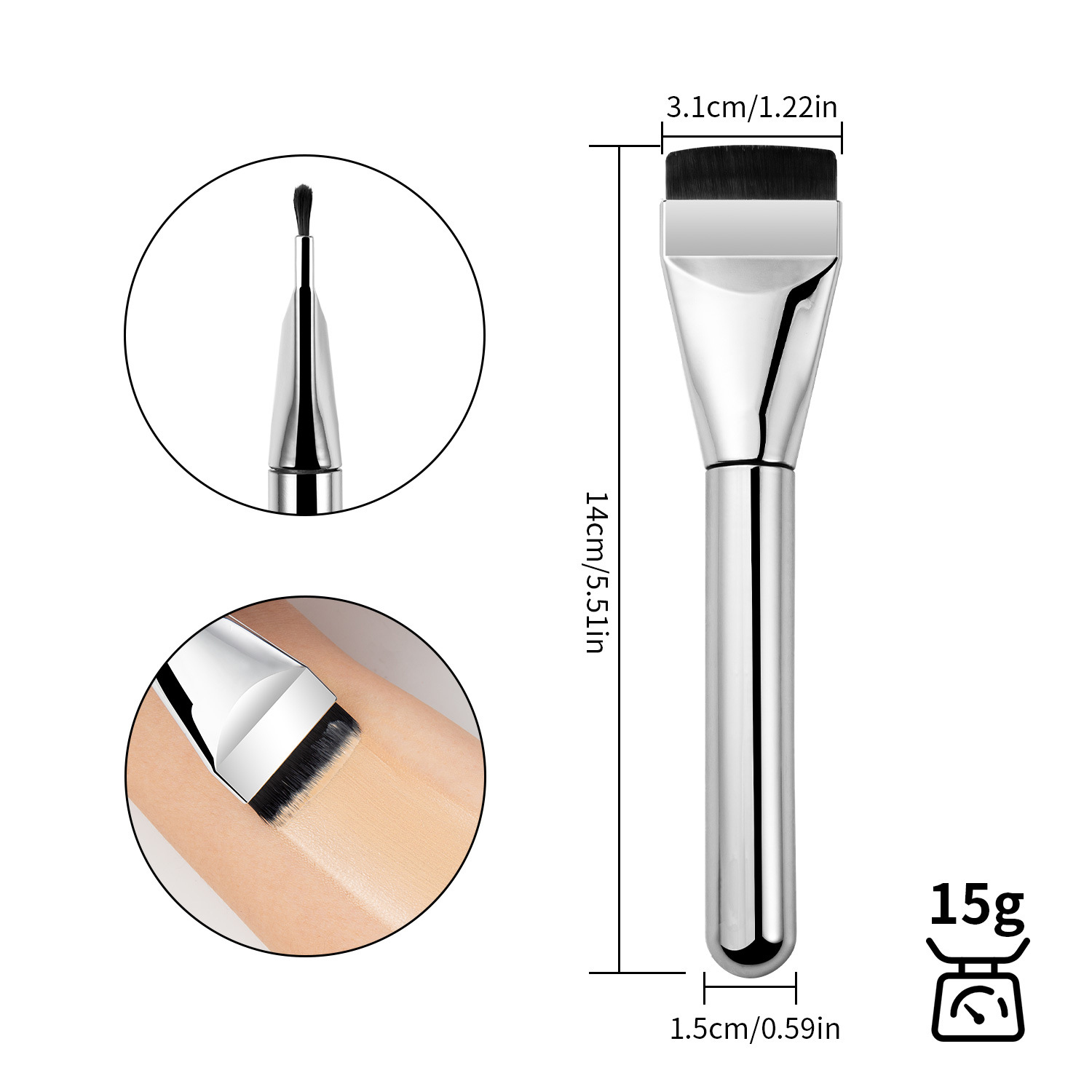 FOCSTAR Luxury Silver Flat Thin Plastic Fiber Foundation Makeup Brush Customized Logo Facial Concealer Application (14x3x1.5cm