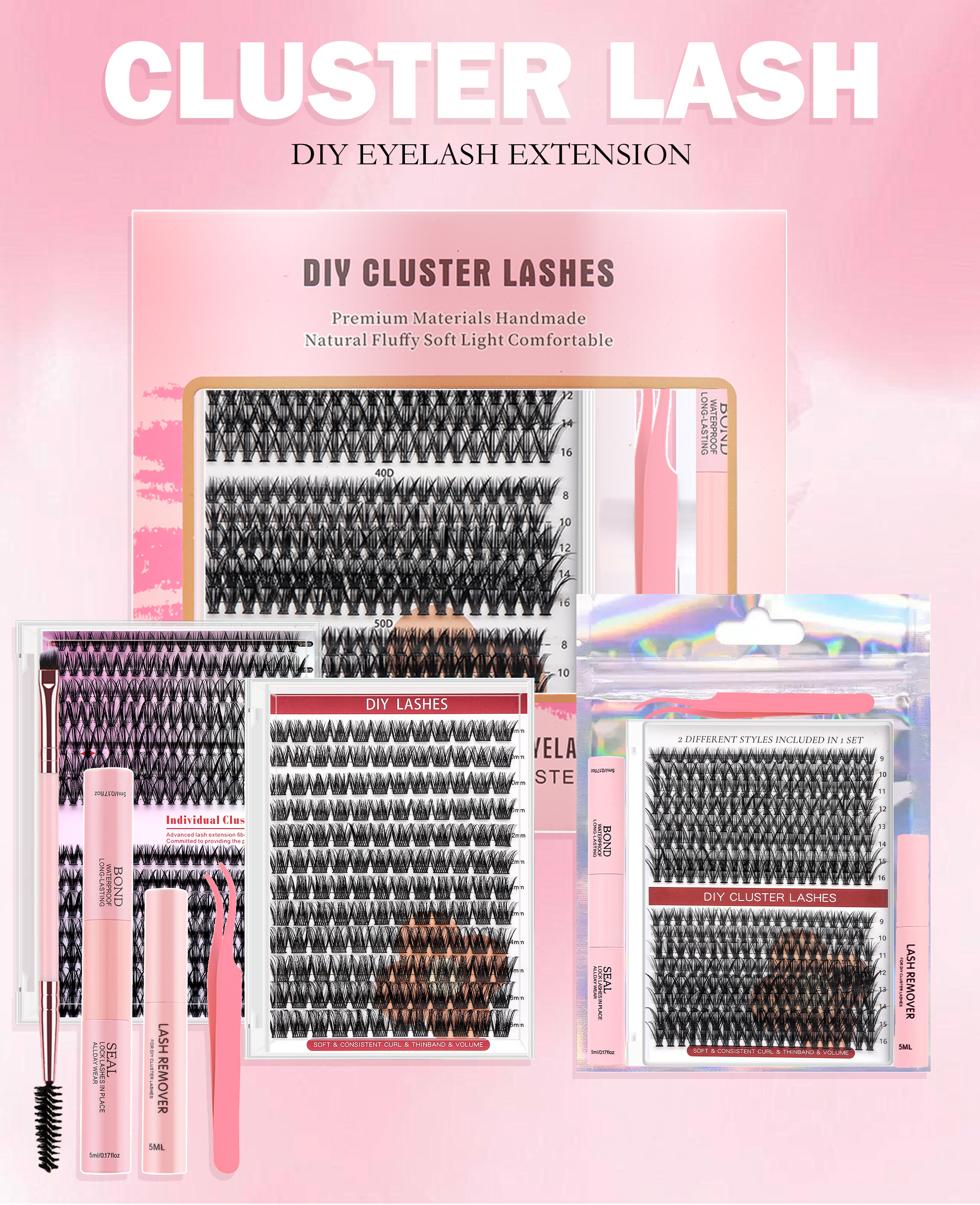 New Design Diy Lash Extension Travel Kit Segment Eyelash Custom Wholesale Diy Cluster Lashes Volume Kit Custom Logo Vendor