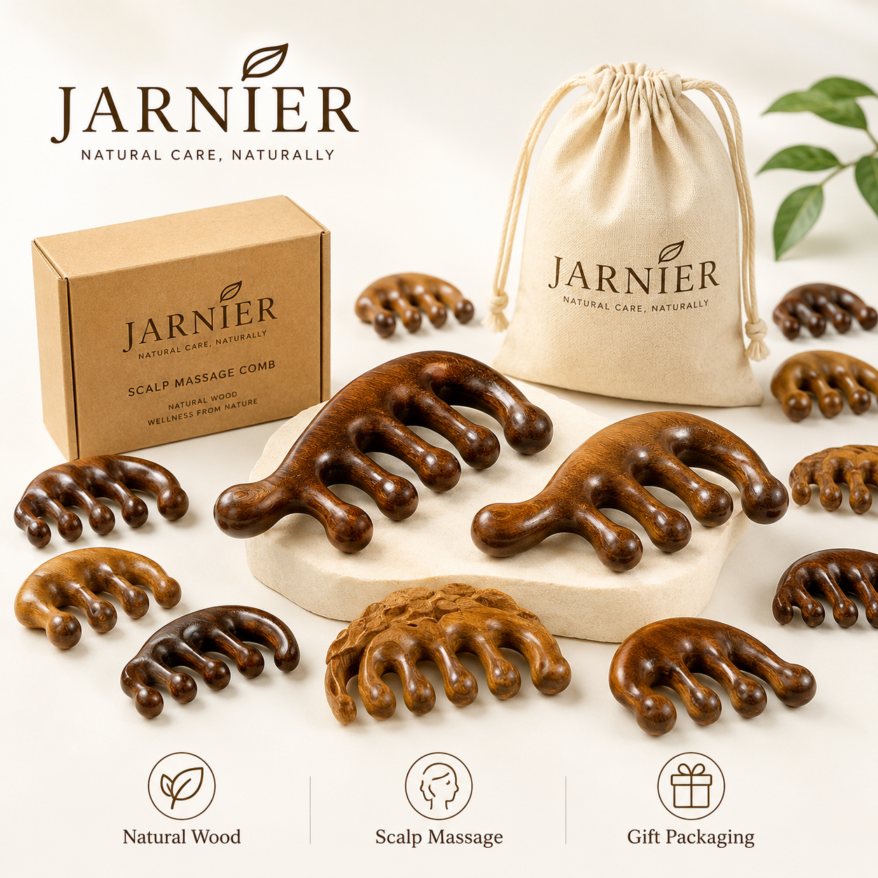 Jarnier Wholesale Costom Sale Scalp Massager Products Comb Wide Tooth Wood Hair Growth Sandalwood Comb Gift Massage Comb
