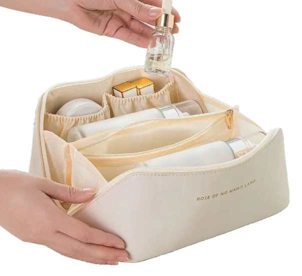 Portable Eco-Friendly PU Women's Large Capacity Cosmetic Bag Soft Handle Water Resistant Zipper Reusable Candy Toiletries