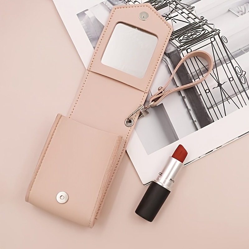 Korean Portable Magnetic Closure PU Leather Lipstick Organizer Bag Wristlet Keychain Compact Lip Gloss Pouch Mirror Chains