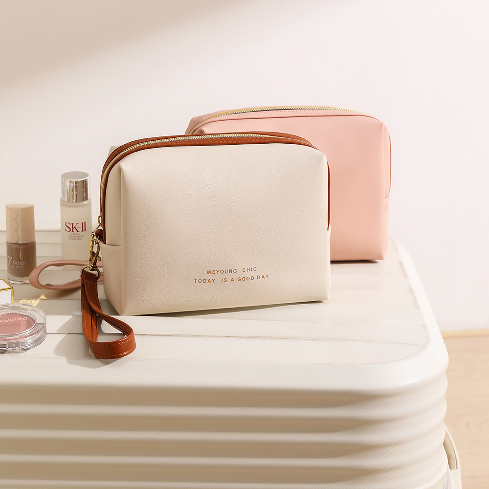Stylish Cream PU Cosmetic Organizer Bag Women's Travel Toiletry Pouch Elegant Makeup Storage for Daily Use &amp; Trips