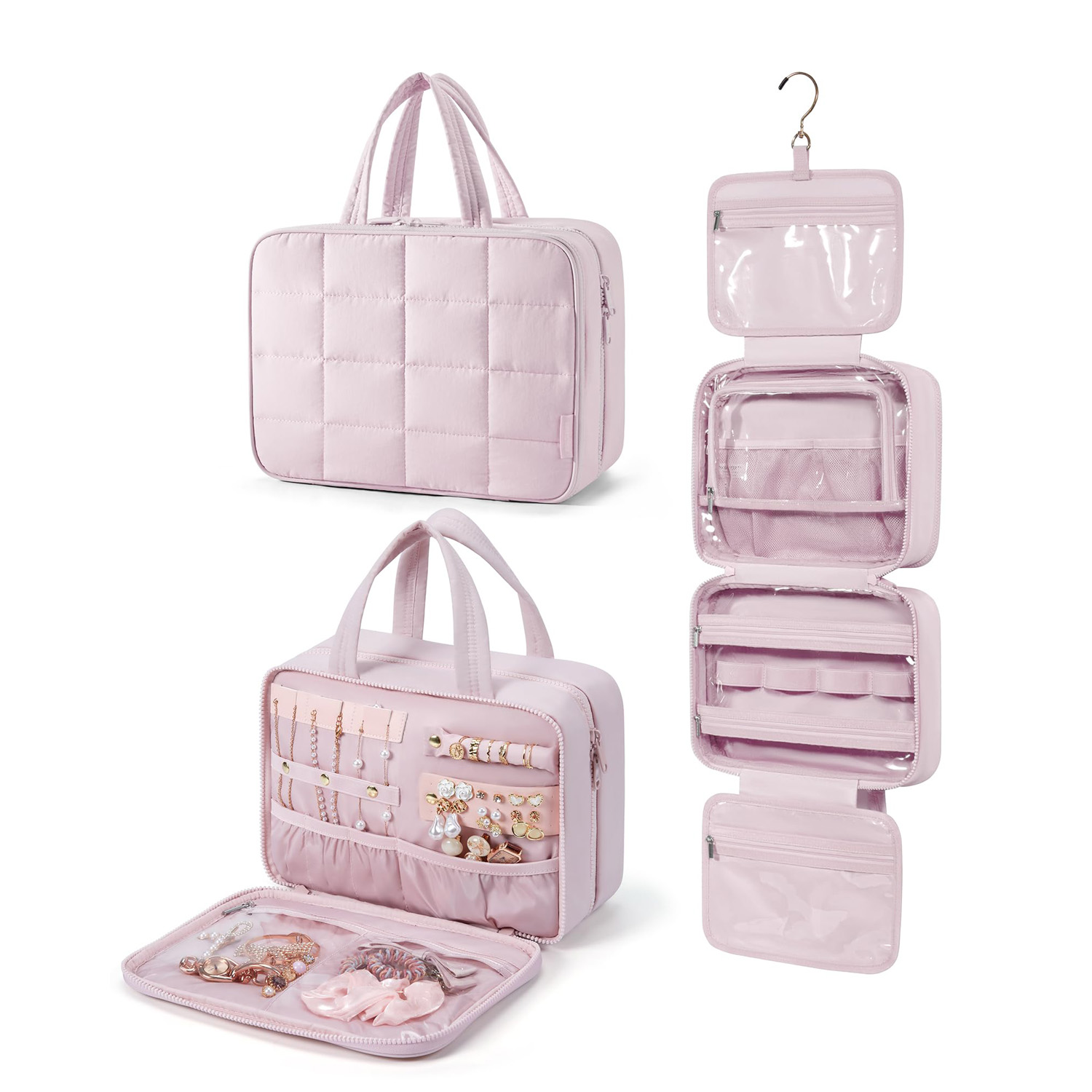 Factory Custom Travel Toiletry Bag Folding Jewelry Organizer Hanging Travel Bag Quilted Puffy Makeup Cosmetic Bag