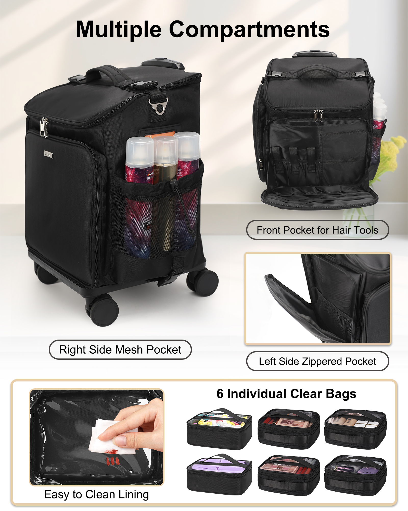 Relavel Professional Makeup Case 360 Spinner Wheels 4 Clear Bags Zipper Closure Large Capacity Fashion Nylon Portable