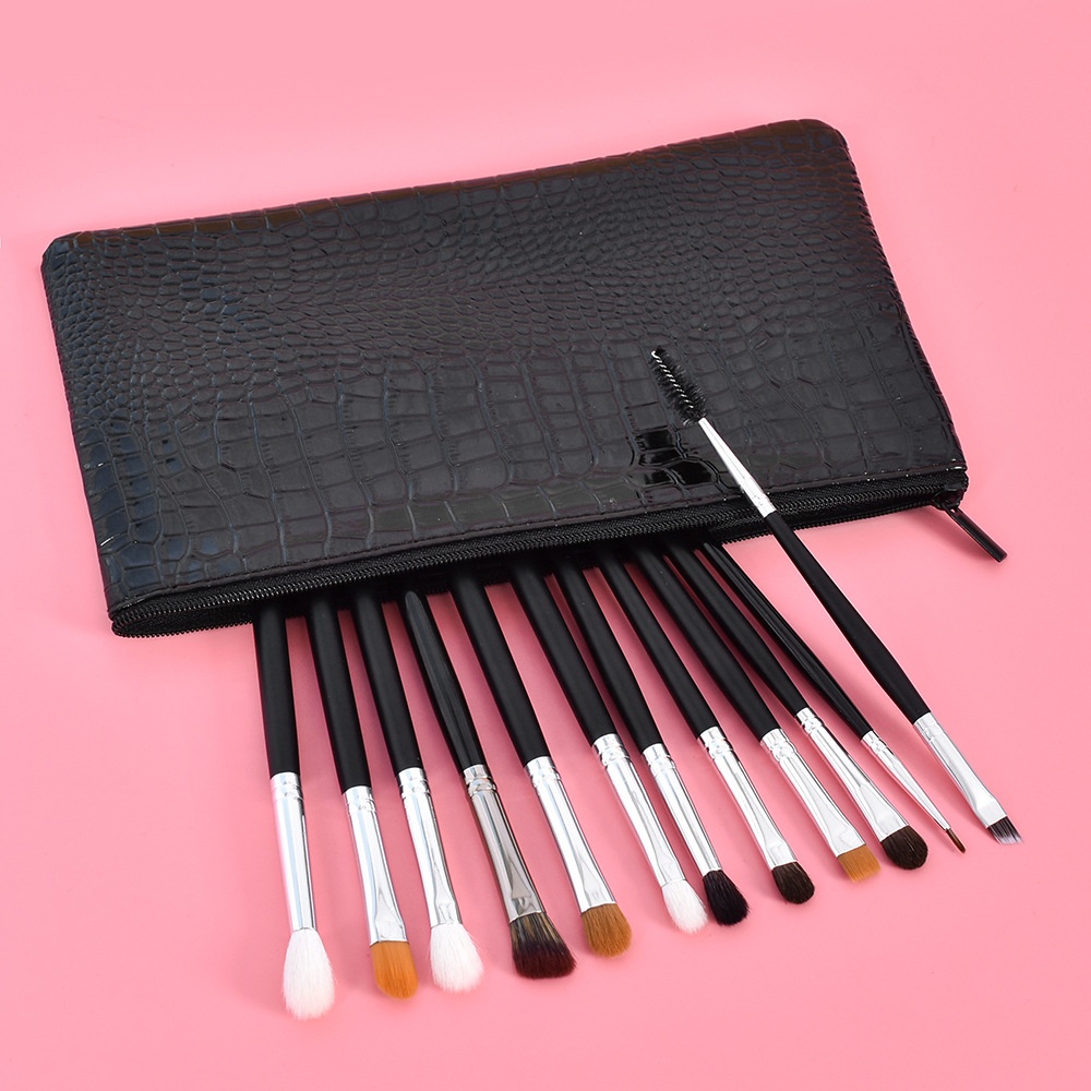 Low MOQ Black Eye Makeup Brushes Set With Natural Hair Private Label 12 Pcs
