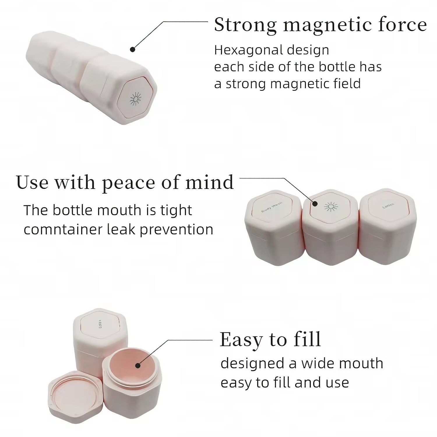 Magnetic Travel Cosmetic Toiletry Containers Leakproof Reusable Hexagonal Modular Jars Space-Saving Portable Travel Essentials