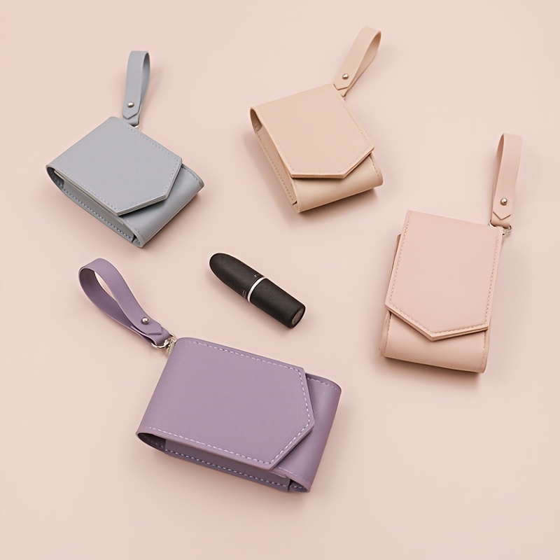 Korean Portable Magnetic Closure PU Leather Lipstick Organizer Bag Wristlet Keychain Compact Lip Gloss Pouch Mirror Chains